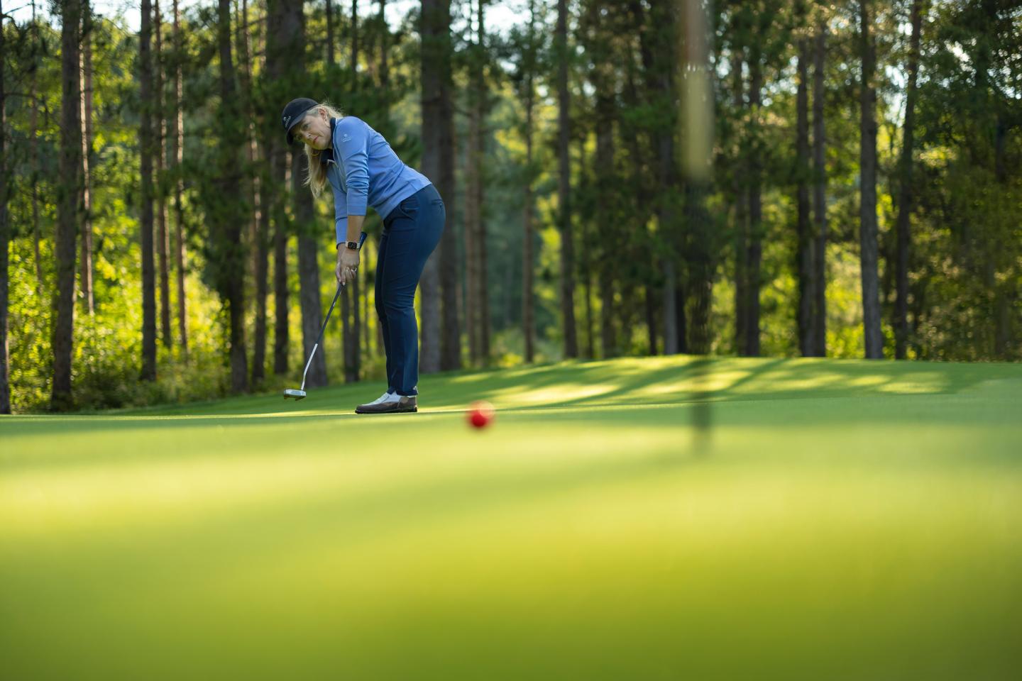 Golfer putting on a green in a sunny, wooded golf course.