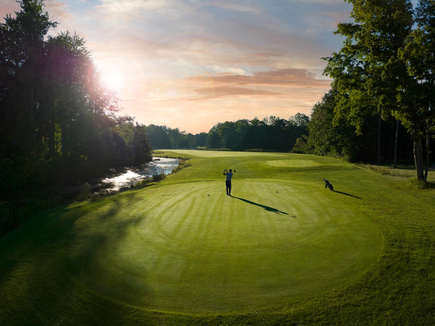 Golfer on a sunlit course, surrounded by trees and a stream.