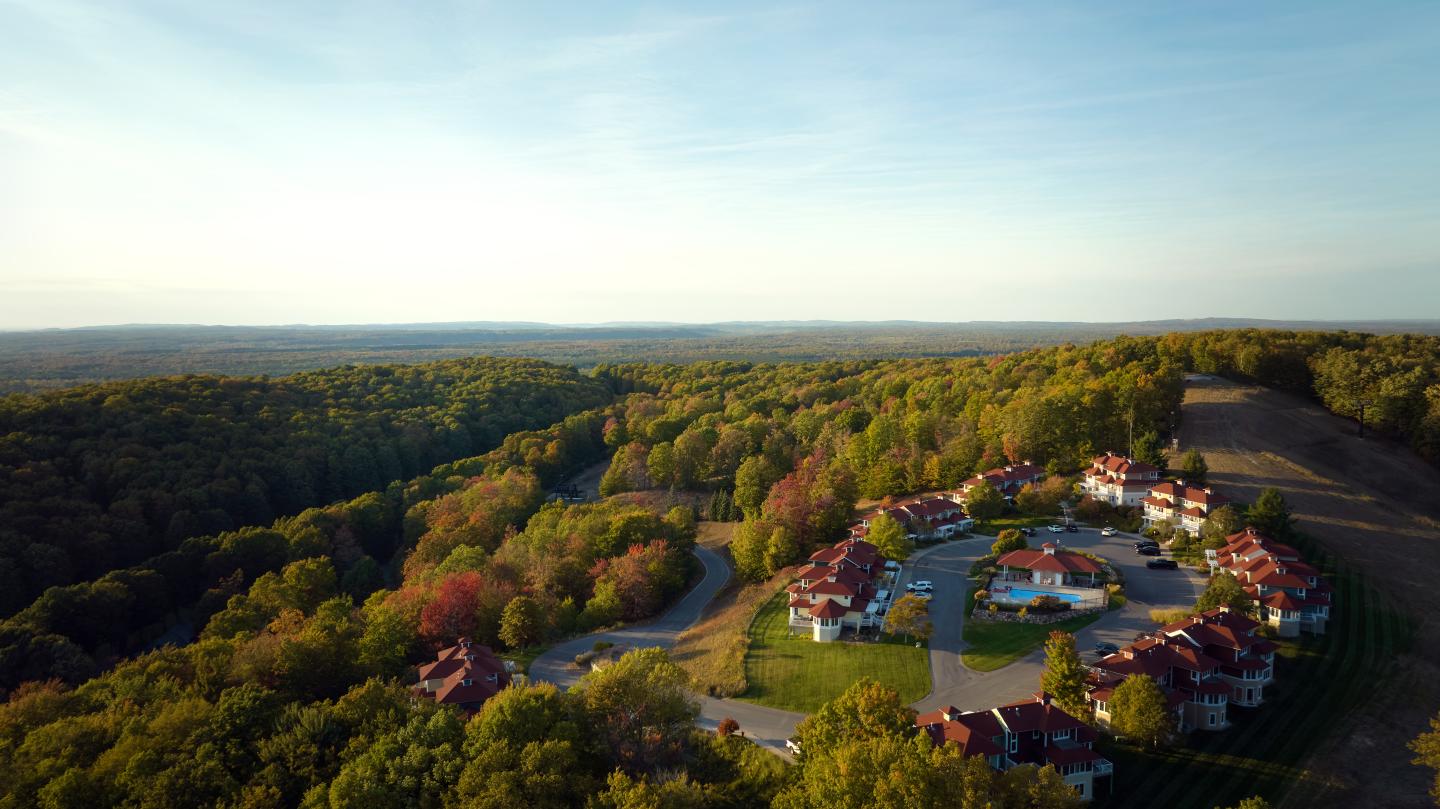 Aerial view of a small village surrounded by dense autumn forests.