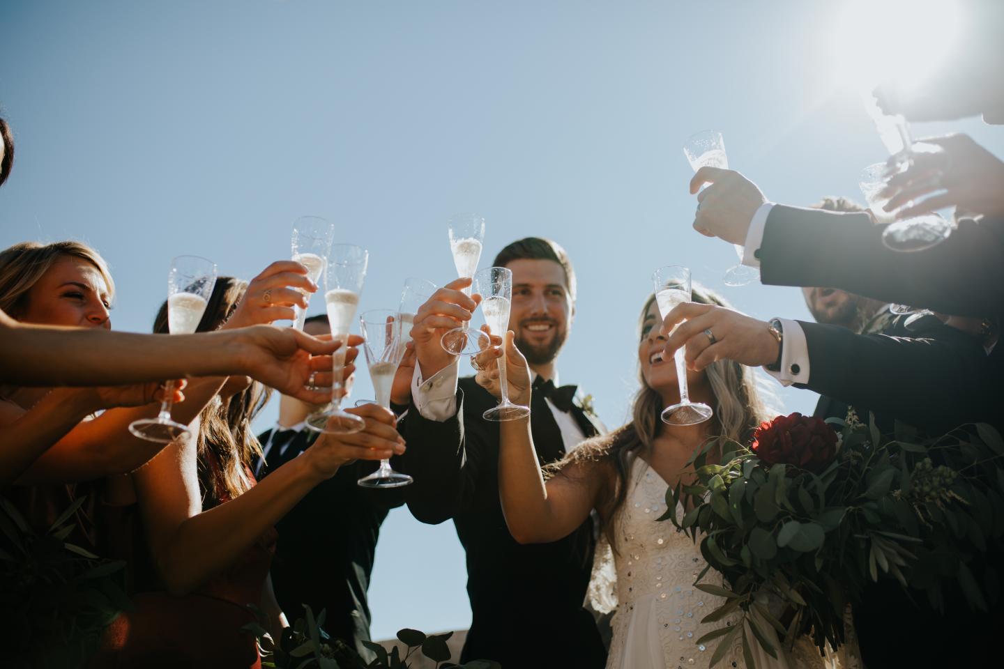 Wedding party raising champagne glasses under a clear blue sky.