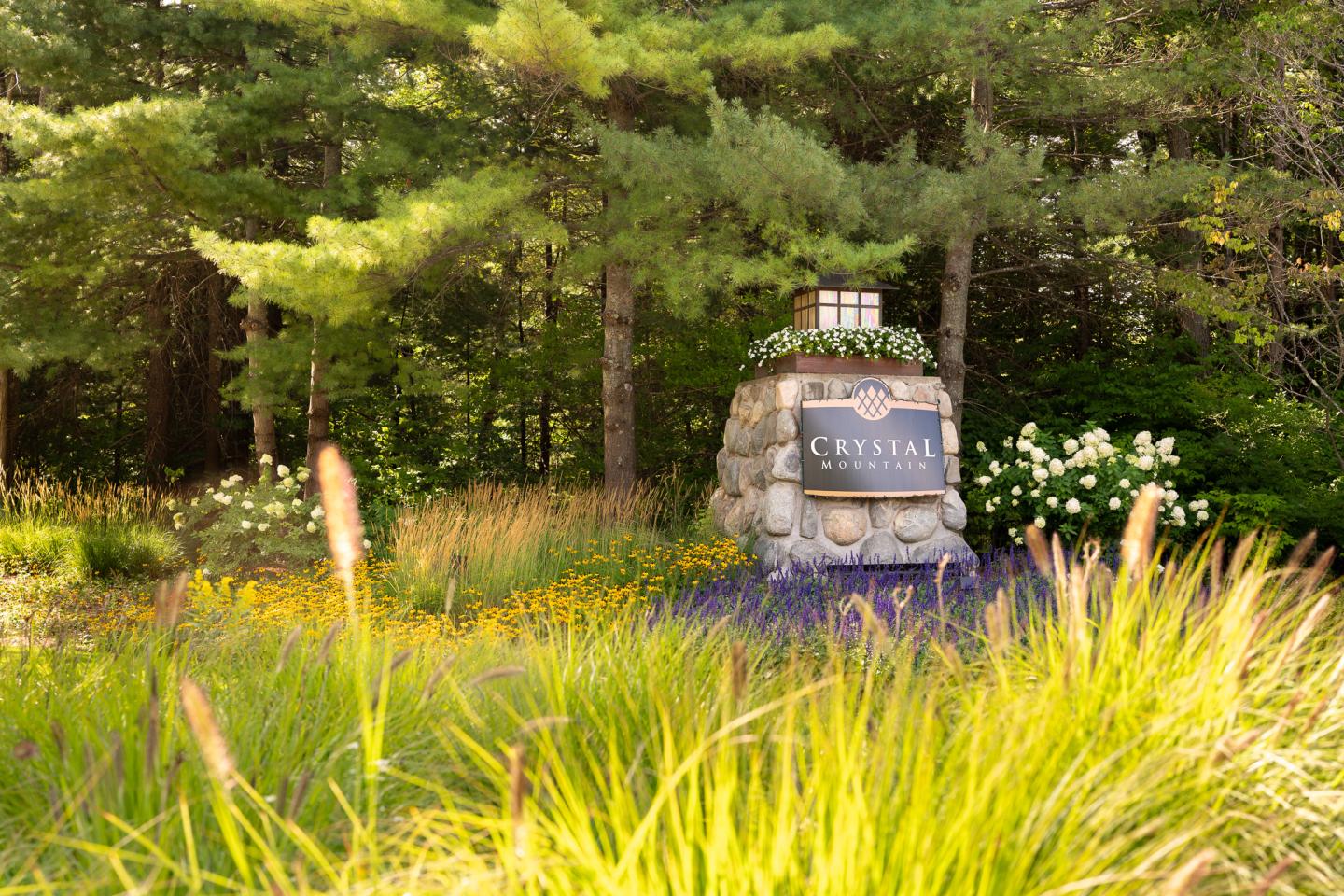 Stone monument in a garden, surrounded by tall grass and trees.