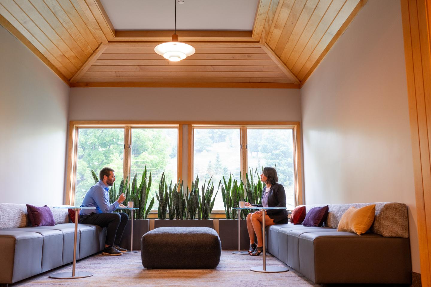 Two people converse across tables in a cozy, modern room with large windows and greenery.