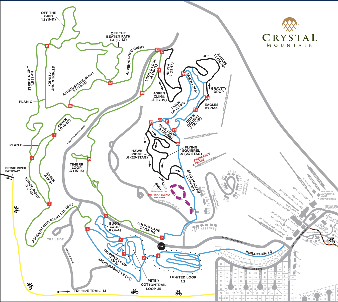 Ski trail map with colored routes and labels at Crystal Mountain.