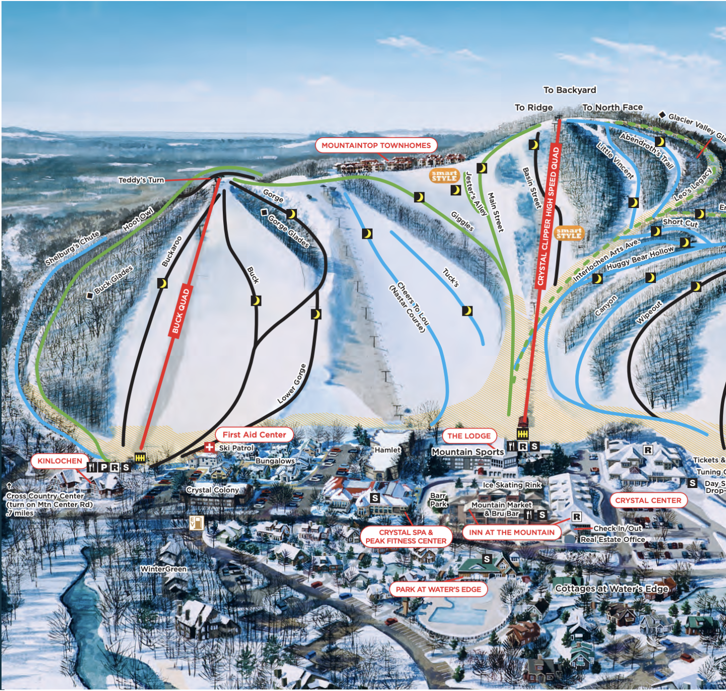 Ski resort trail map with color-coded slopes and paths.
