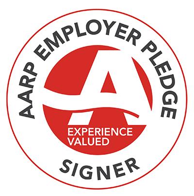 AARP Employer Pledge Signer logo in red and white.