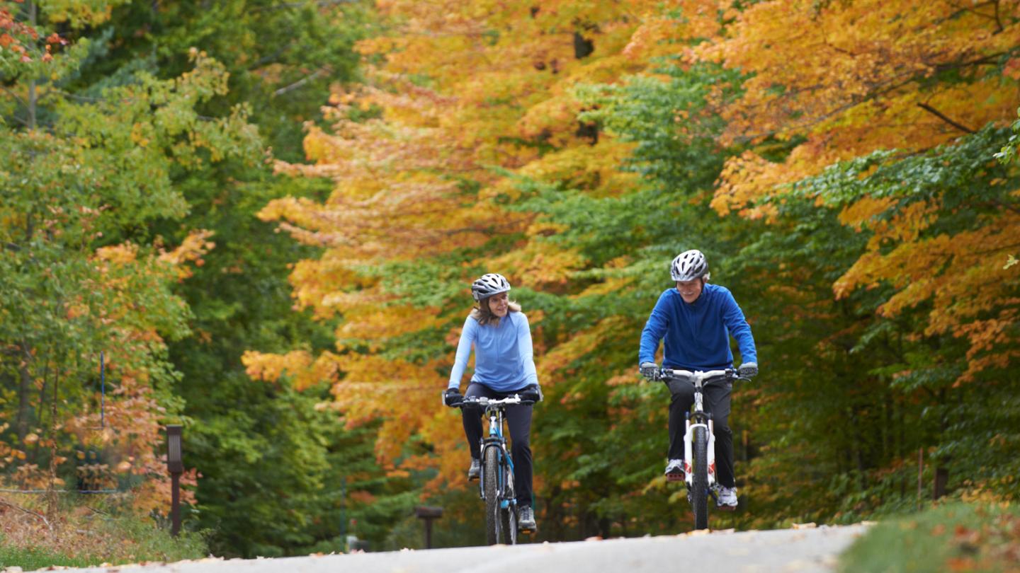 Cyclists on a tree-lined path with vibrant fall foliage.