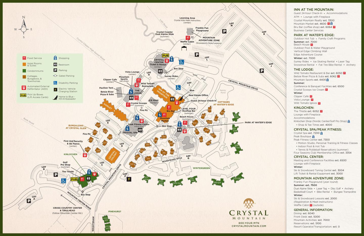Resort map with labeled buildings and amenities.