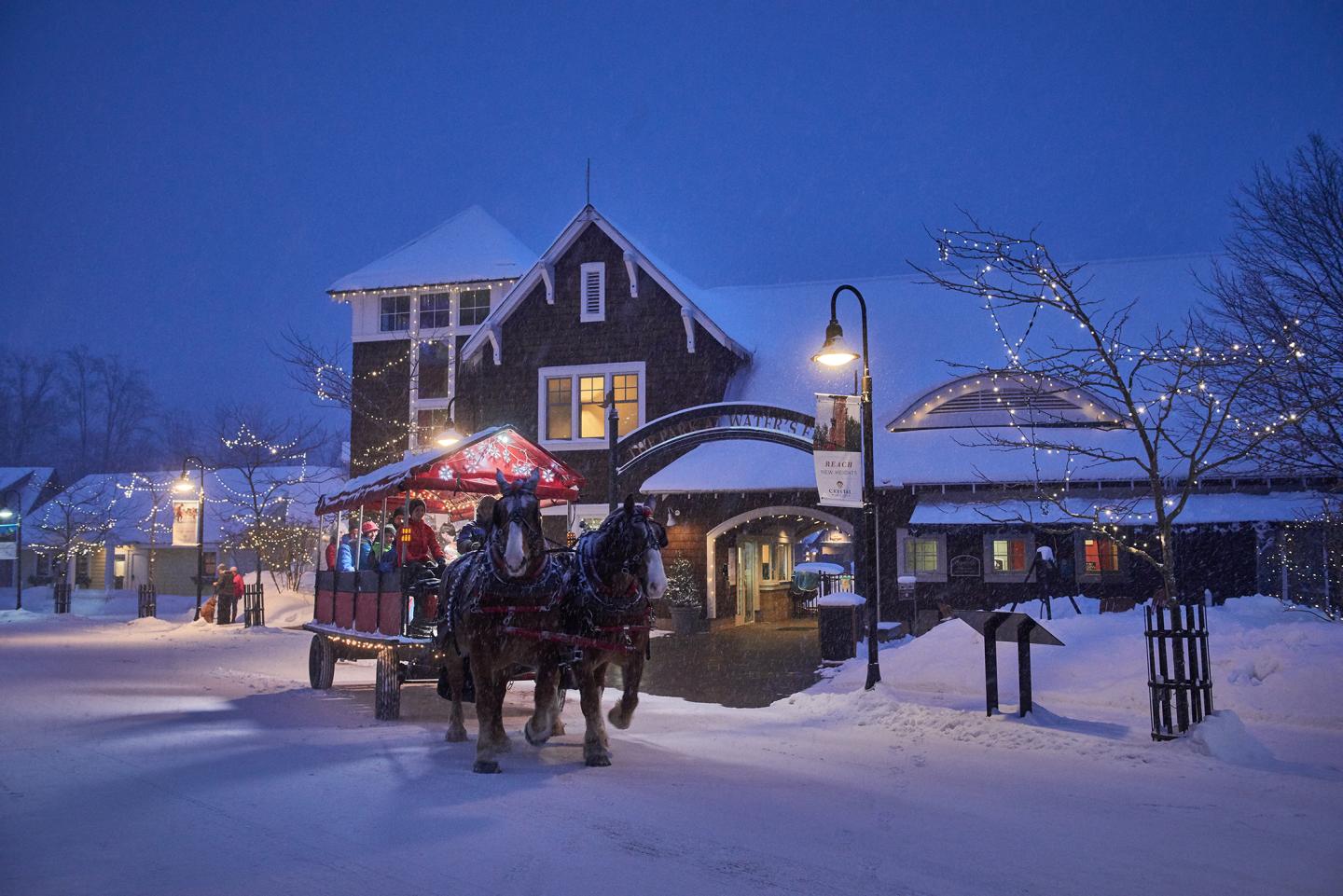 Horse-drawn carriage on snowy street at night, buildings softly lit.