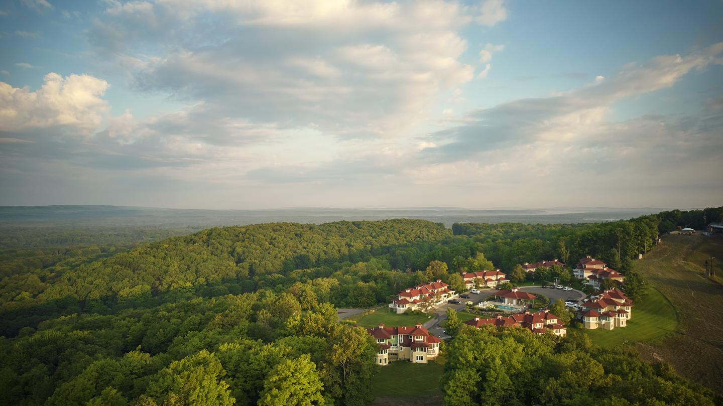 Scenic landscape with forest, houses, and cloudy sky.