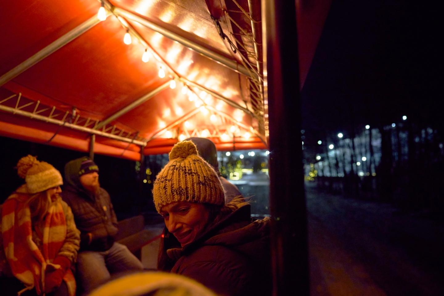 Cozy wagon ride at night under warm lights.