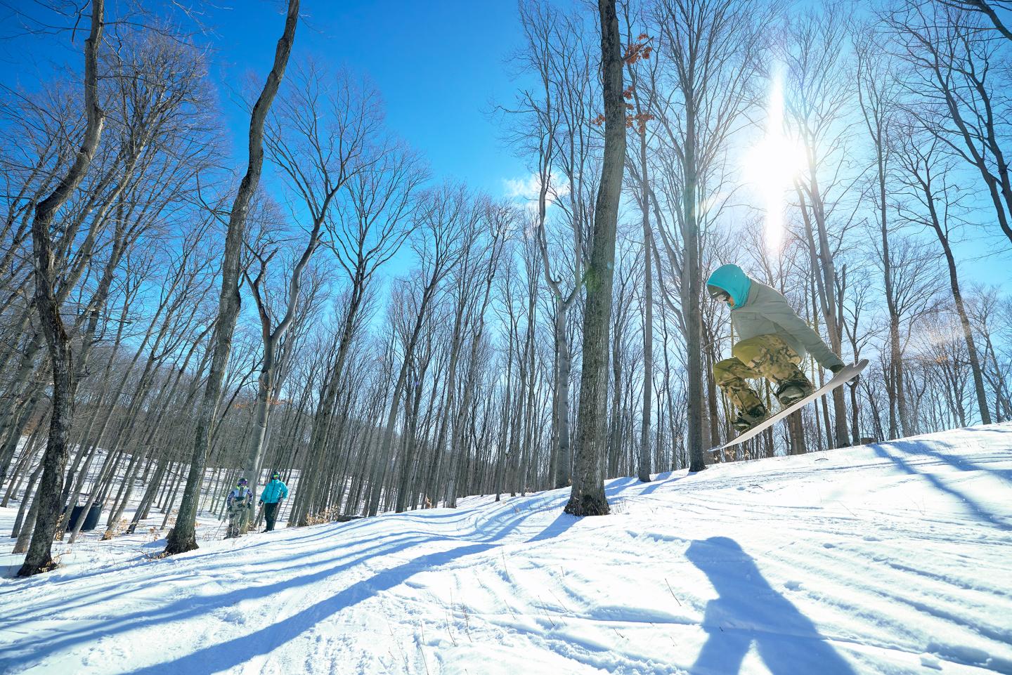 Snowboarder jumping in a sunlit, snowy forest.